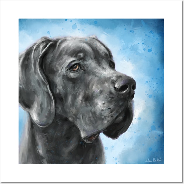 Painting of Grey Great Dane on a Blue Background Wall Art by ibadishi